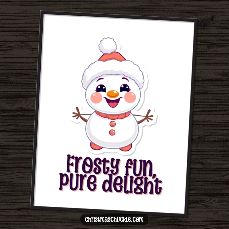 Funny Free Printable Kawaii Snowman Clown Wall Art: A smiling snowman with carrot buttons and clown details. Cute, downloadable decor.