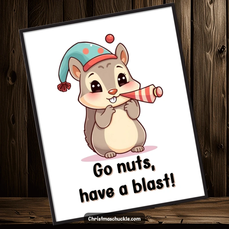 Free printable wall art: a cute squirrel character wearing a festive hat, loudly honking a tiny clown horn with joy.