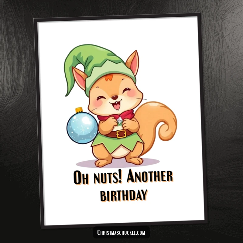Funny Free Printable Wall Art: Kawaii elf squirrel in an elf costume holding a bright, sparkling ornament.