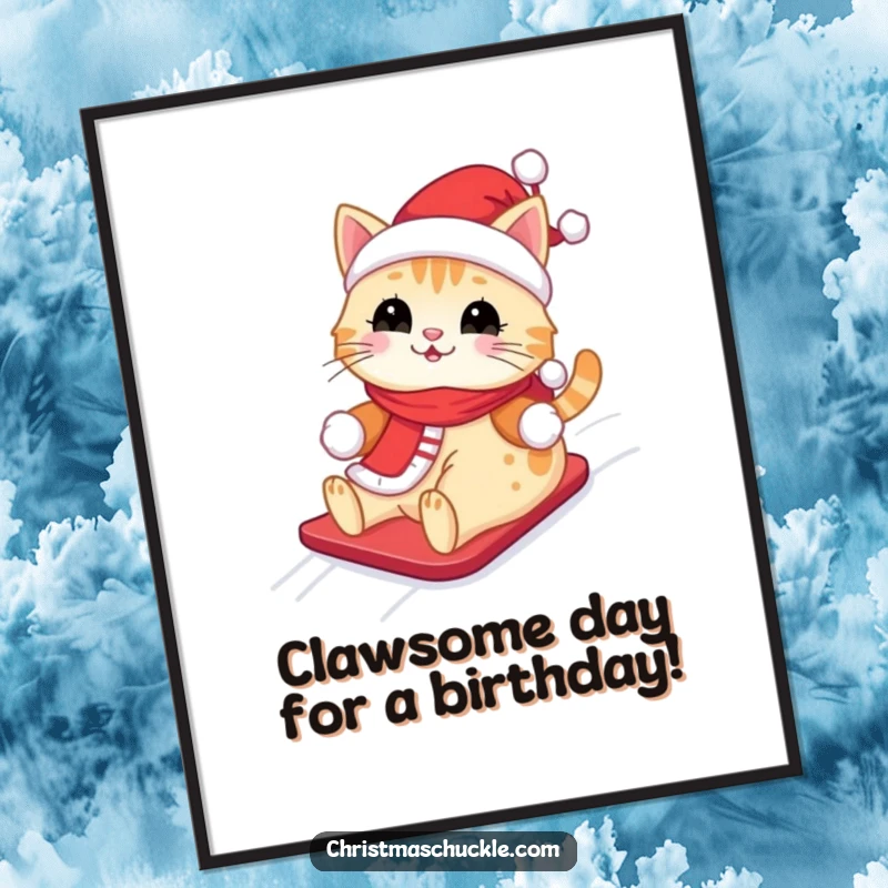 Funny Free Printable Wall Art: Kawaii cat dressed as Santa happily descending a snowy hill, full of winter joy.