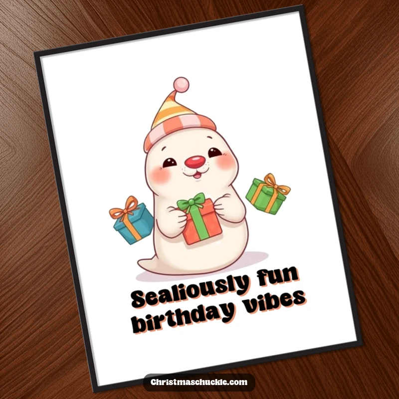 Funny Free Printable wall art of a playful seal in a clown hat and red nose juggling three presents.