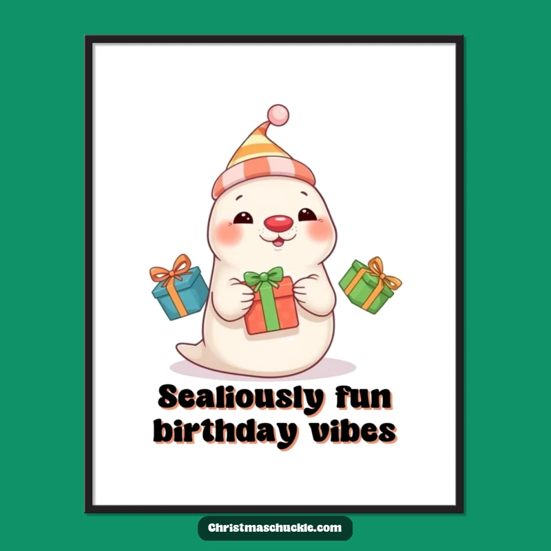 Free Printable Wall Art: Funny Seal Juggling Presents, Quirky Downloadable Decor