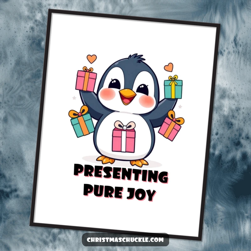 Funny Free Printable Wall Art: A happy penguin enthusiastically juggling presents, bringing a festive vibe.