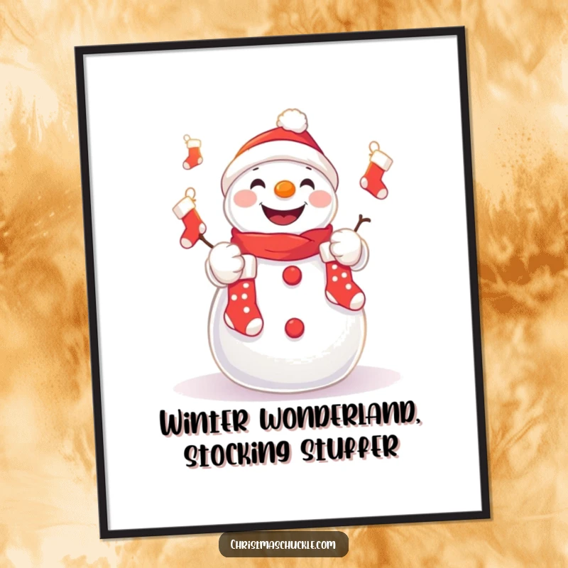 Funny Free Printable Wall Art: A grinning kawaii snowman juggles small Christmas stockings, festive home decor.