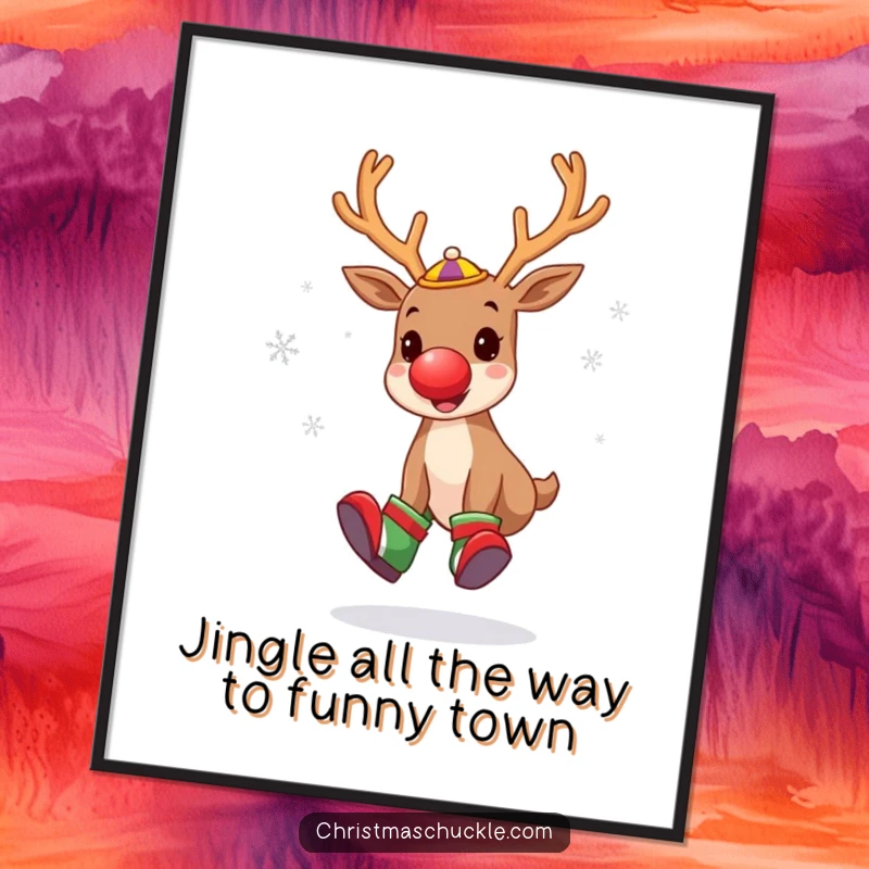 Funny free printable wall art: a reindeer clown in oversized shoes juggling snowflakes.