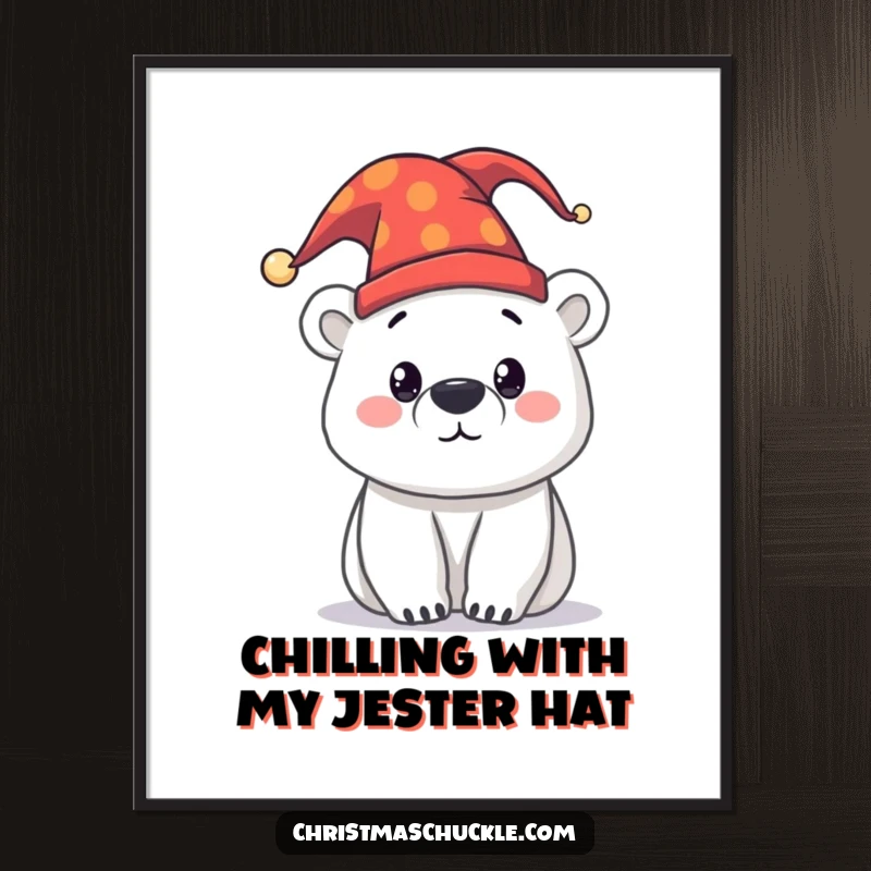 Funny Free Printable Wall Art: A curious polar bear character dressed in a festive jester hat, looking amusingly cheerful.