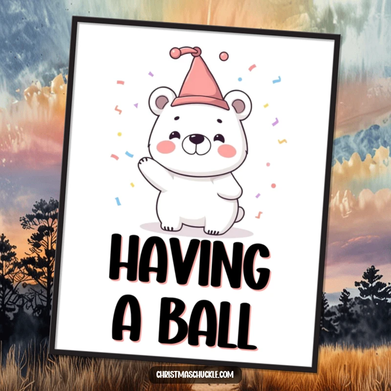 Funny Free Printable Wall Art: A smiling polar bear character wearing a tiny jester hat gleefully tosses a shower of confetti.