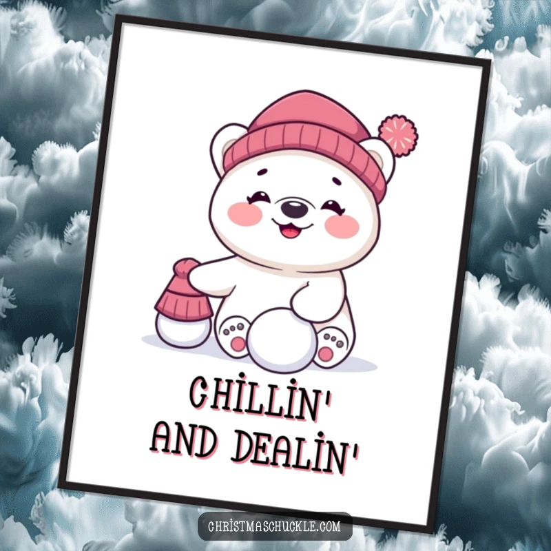 Funny Free Printable Wall Art: A giggling polar bear character comically attempts to balance a hat and a snowball on its nose.