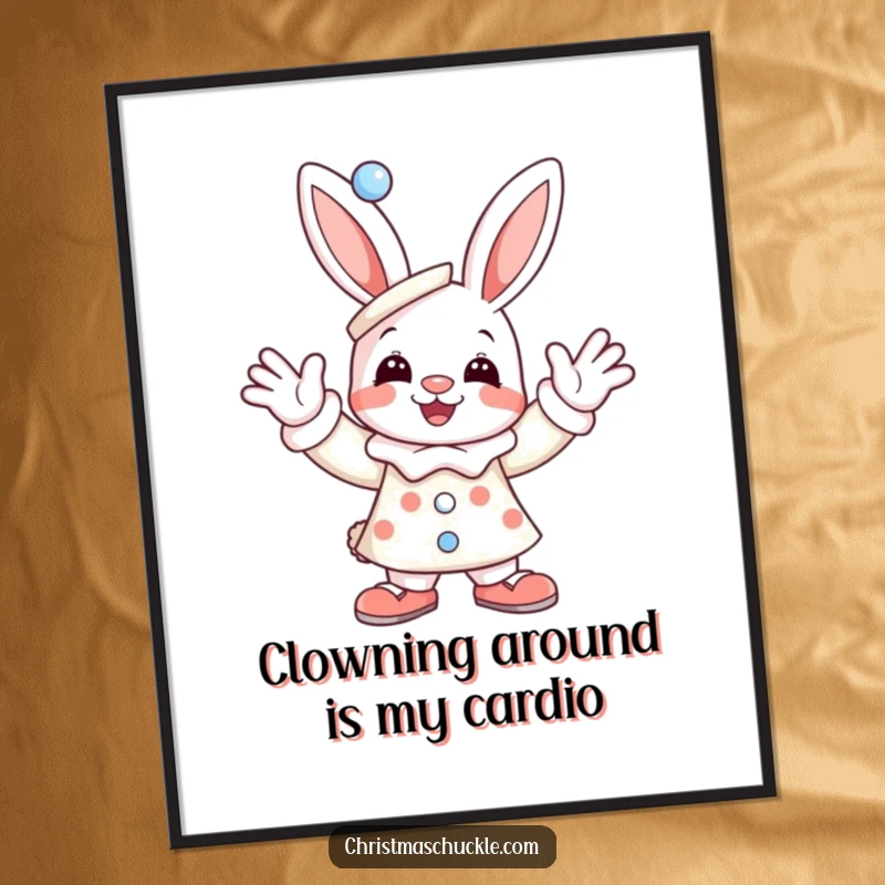 Funny Free Printable Wall Art: A joyful bunny dressed as a clown, leaping with energy and a wide, comical smile.