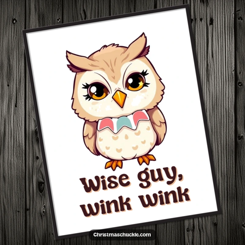Funny Free Printable Wall Art: An owl with a clown collar winks with sparkling eyes.