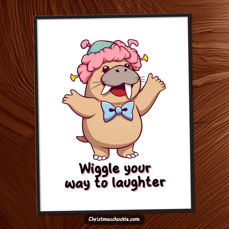 Funny free printable wall art: a cheerful walrus in a clown wig and bowtie dances.