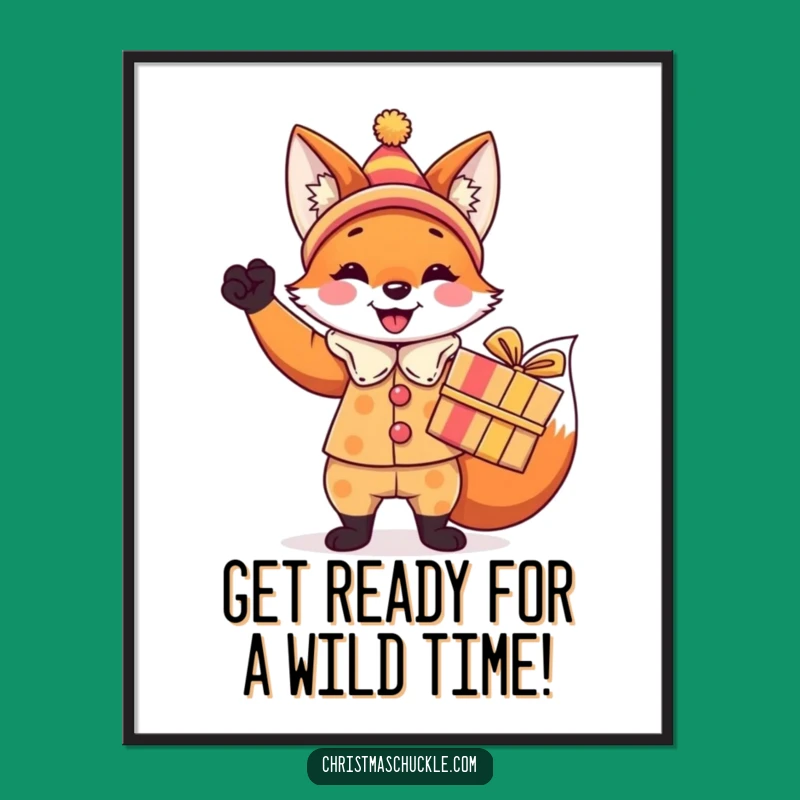 Funny Free Printable Wall Art: Festive Fox Clown with Gift, Whimsical Decor