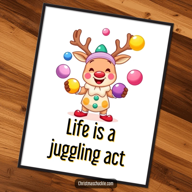 Funny free printable wall art: a smiling reindeer clown artistically juggling brightly colored balls, creating a vibrant scene.