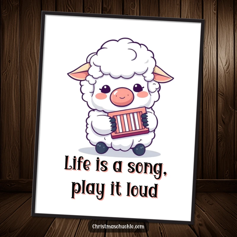 Funny free printable wall art of a fluffy sheep character wearing a clown nose and playing a concertina, adding whimsical decor.