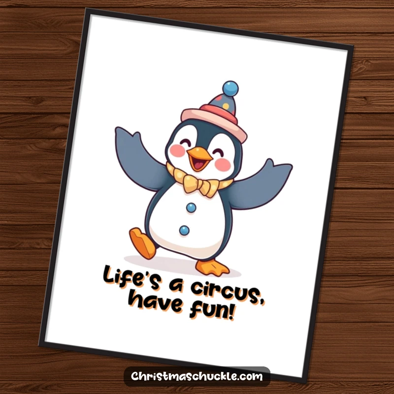 Funny Free Printable Wall Art: A penguin wearing a clown nose and hat, doing a comical, exaggerated dance with flapping arms.