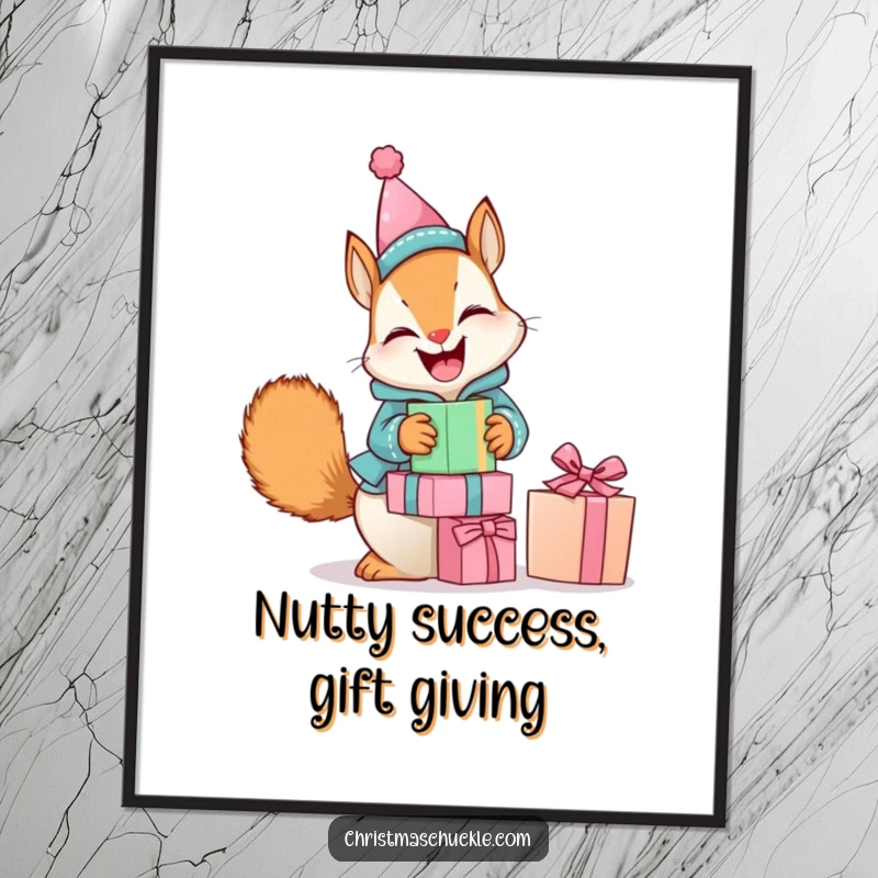 Funny Free Printable Wall Art: A squirrel in a tiny clown suit trying to balance gifts.