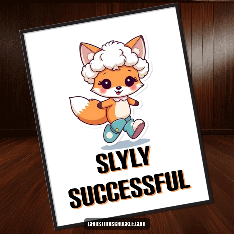 Funny Free Printable Wall Art: A cute fox character in a tiny clown wig and oversized boots hops joyfully, bringing cheer to your decor.