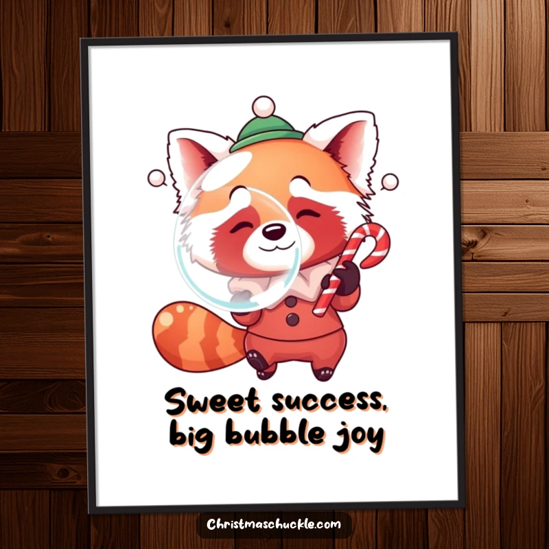 Funny free printable wall art: a red panda in clown attire blows a giant bubble.