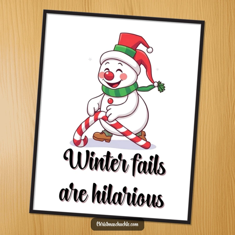 Funny Free Printable Wall Art: A festive snowman clown in a tiny top hat, comically tripping over a candy cane.