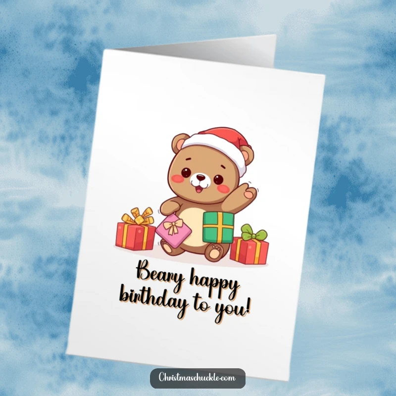 Funny Free Printable Birthday Card: A kawaii bear in a Santa hat juggles presents with pure glee. Perfect DIY gift.
