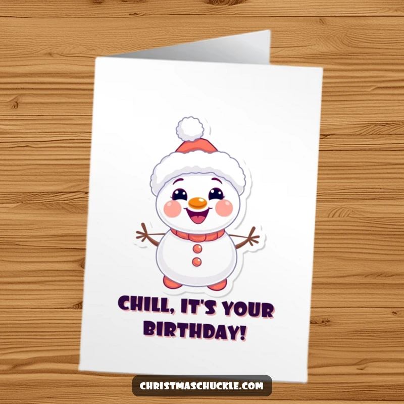 Funny Free Printable Kawaii Snowman Clown Birthday Card: A smiling snowman with carrot buttons and clown features. Adorable downloadable card.