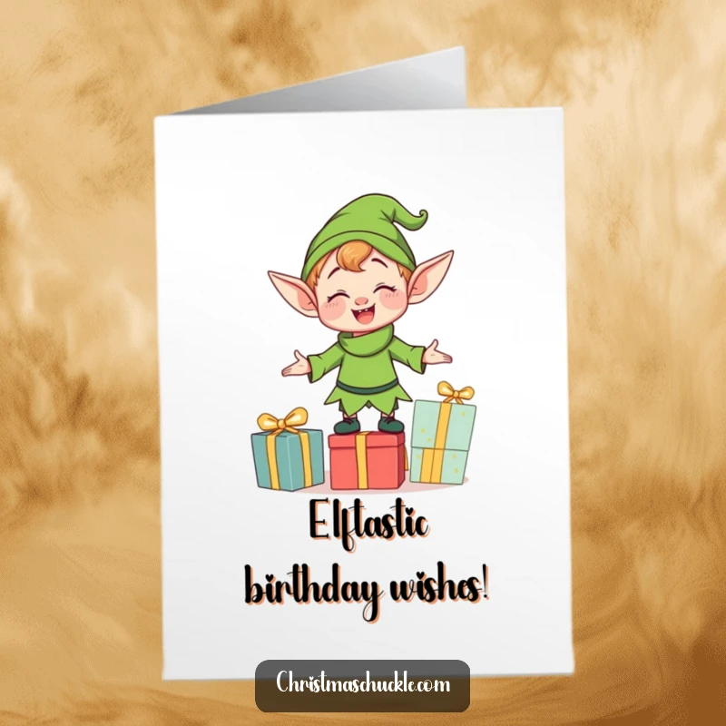 Funny Free Printable Birthday Card: A clumsy elf character enthusiastically trying to balance a tower of brightly wrapped presents.
