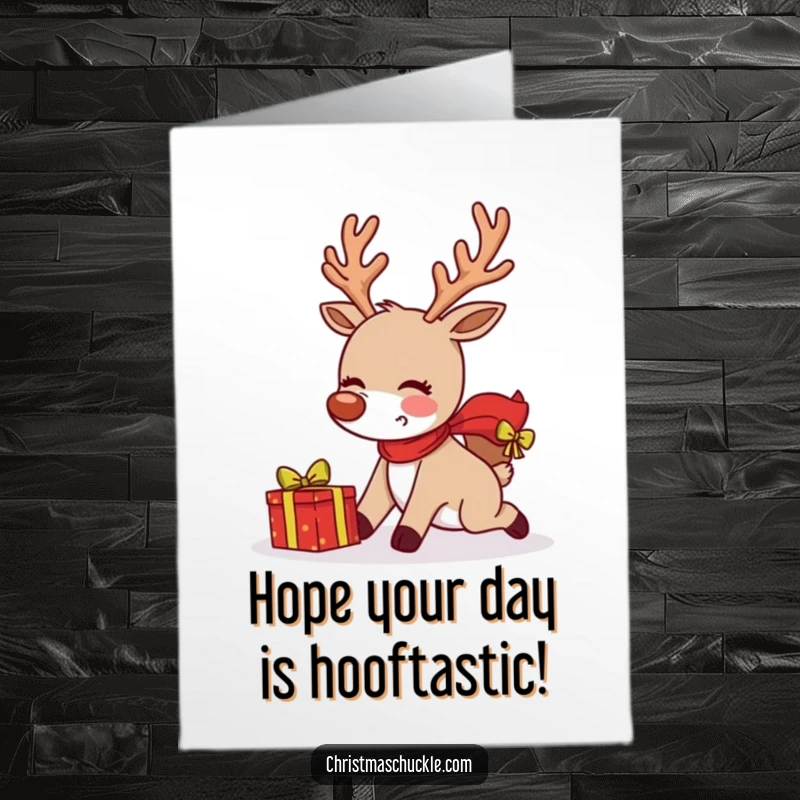 Funny Free Printable Birthday Card: A blushing reindeer comically trips while dropping a present.