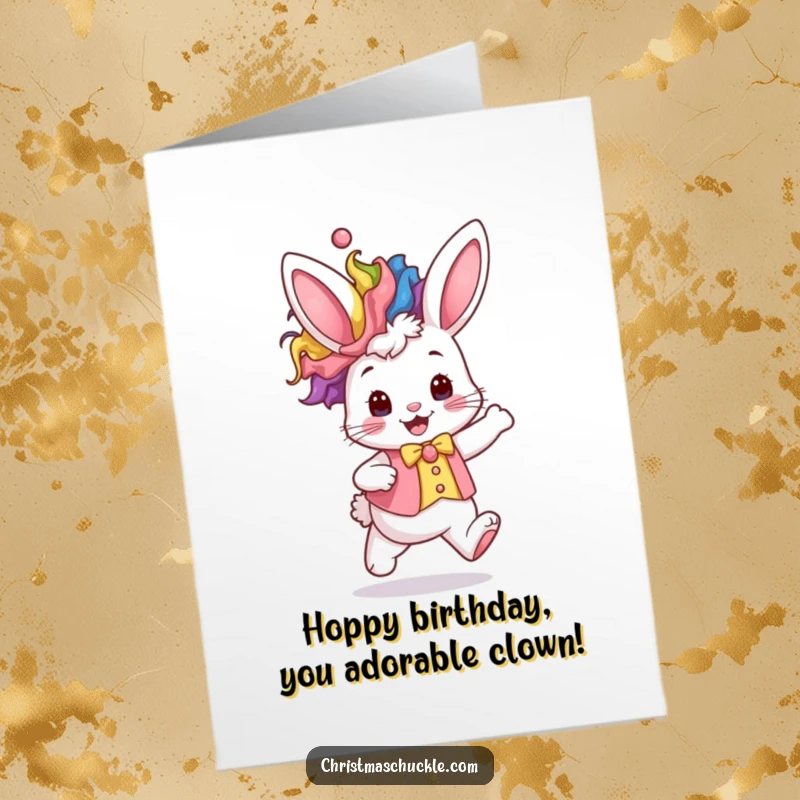 Funny Free Printable birthday card featuring a kawaii bunny in a rainbow clown wig and waistcoat hopping with excitement.