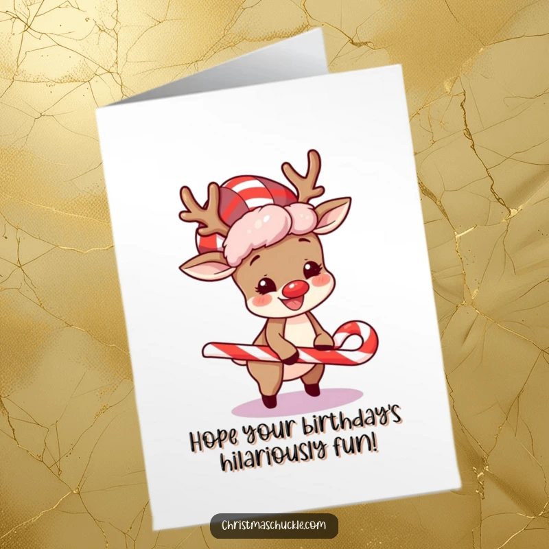 Funny free printable birthday card: a happy reindeer wearing a clown wig, comically tripping over a candy cane.