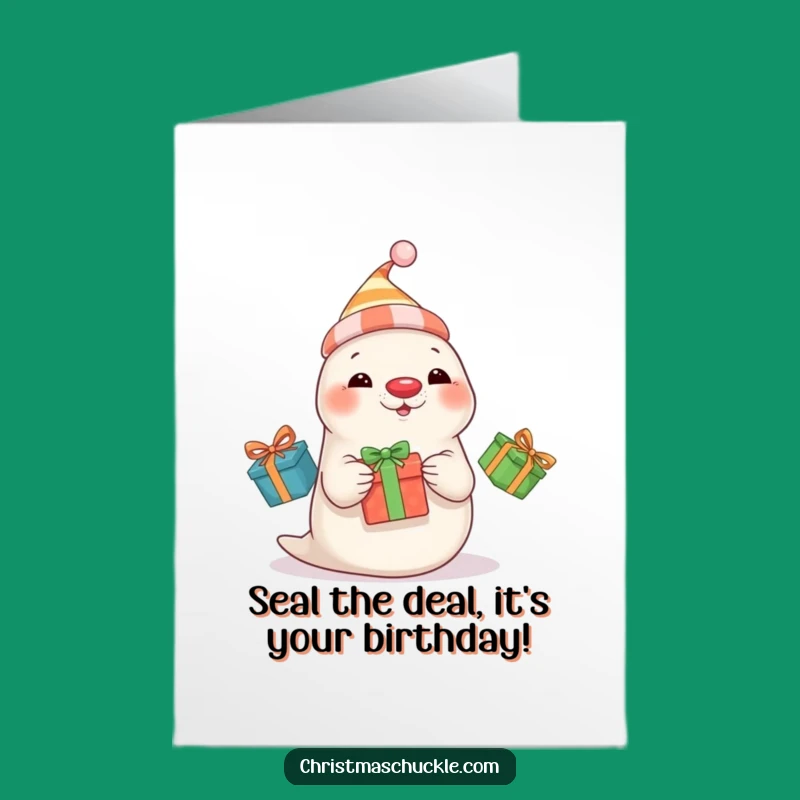 Free Printable Birthday Card: Funny Seal Juggling Presents, Perfect Downloadable Gift