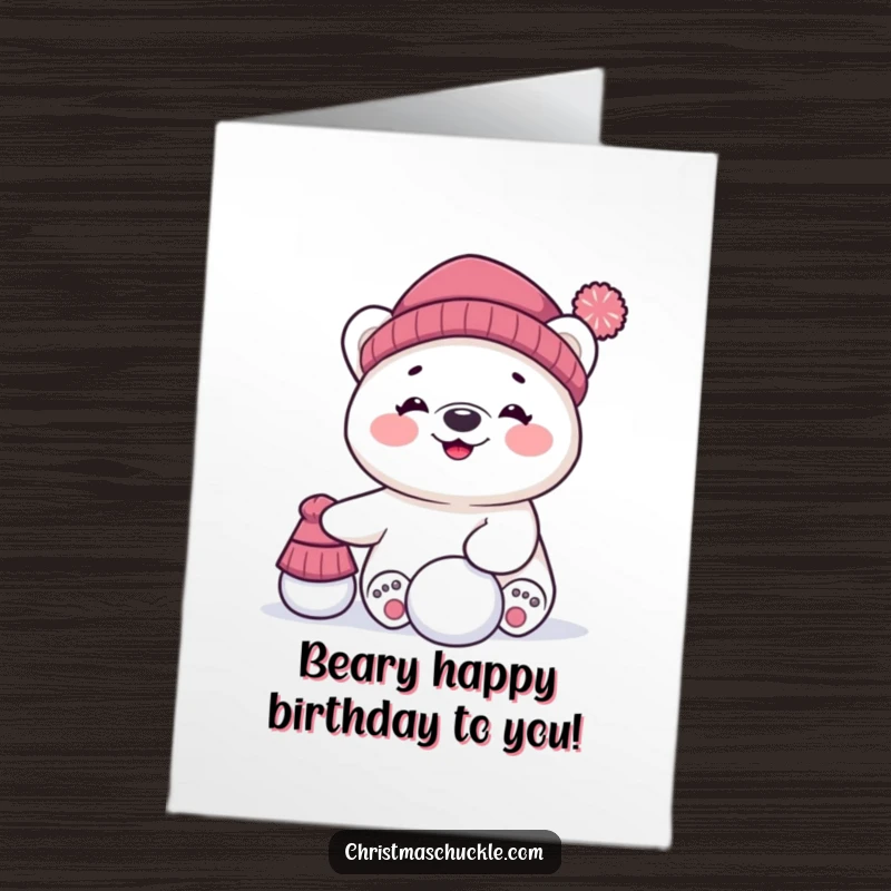 Funny Free Printable Birthday Card: Giggling polar bear character hilariously fails at balancing a hat and snowball with a wide smile.