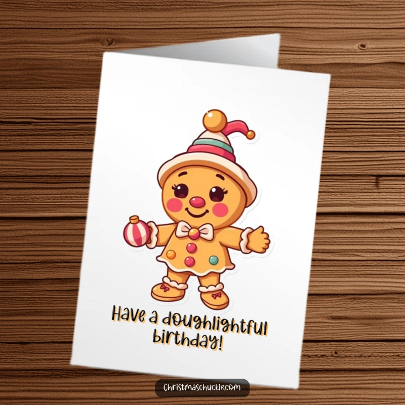 Funny Free Printable Birthday Card: A round gingerbread man dressed as a clown juggles ornaments.
