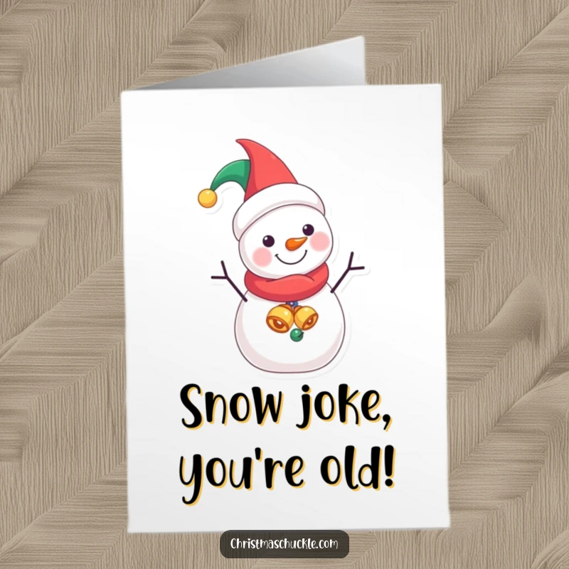 Funny Free Printable Birthday Card: A jolly snowman in a jester hat, ready to bring silly birthday cheer.