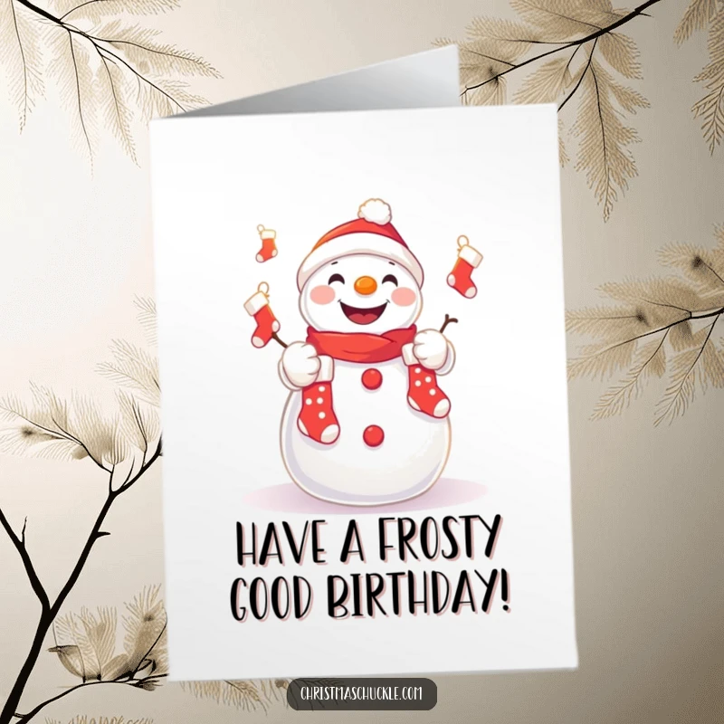 Funny Free Printable Birthday Card: A kawaii snowman grins while juggling small Christmas stockings, celebrating a birthday.