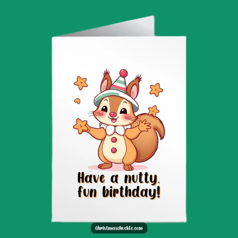 Free Printable Birthday Card: Silly Squirrel Clown Juggling Cookies Download
