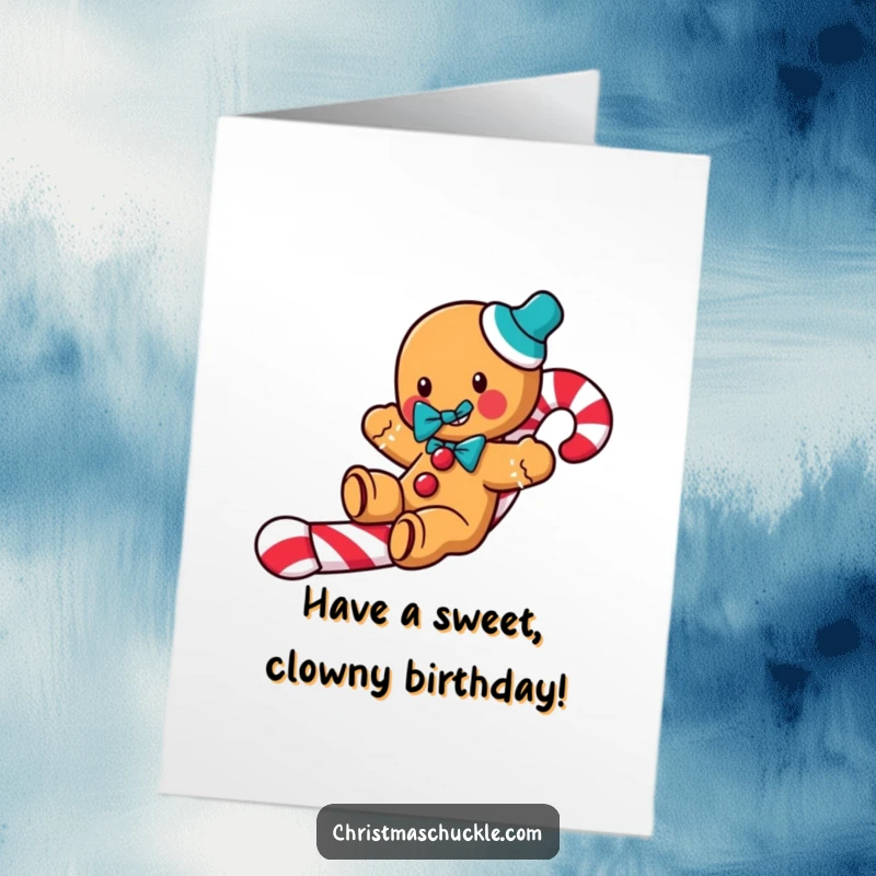 Funny Free Printable Birthday Card: A jolly gingerbread man with a clown bow tie slides down a candy cane.