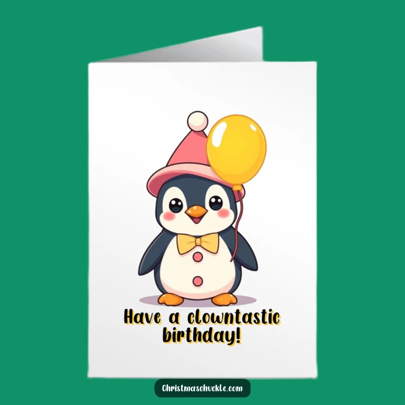 Free Printable Funny Birthday Card: Kawaii Penguin Clown Balloon Surprise