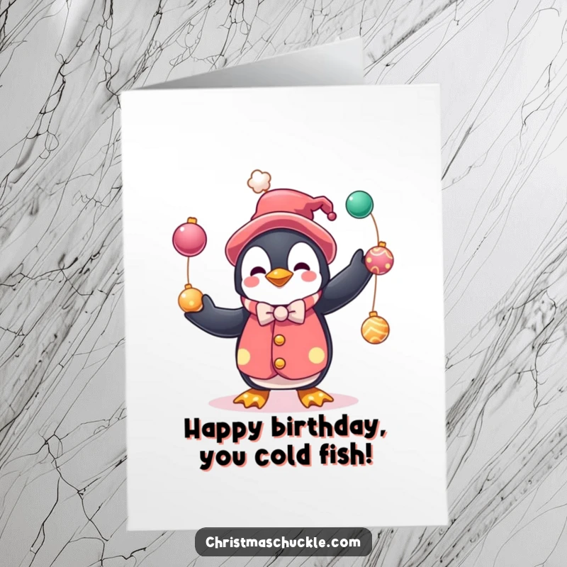 Funny free printable birthday card featuring a cute penguin dressed as a clown, juggling colorful festive baubles, a delightful gift.