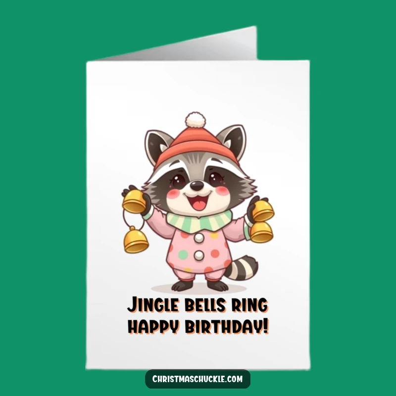 Free Printable Raccoon Clown Juggling Bells Birthday Card: Funny Downloadable Gift