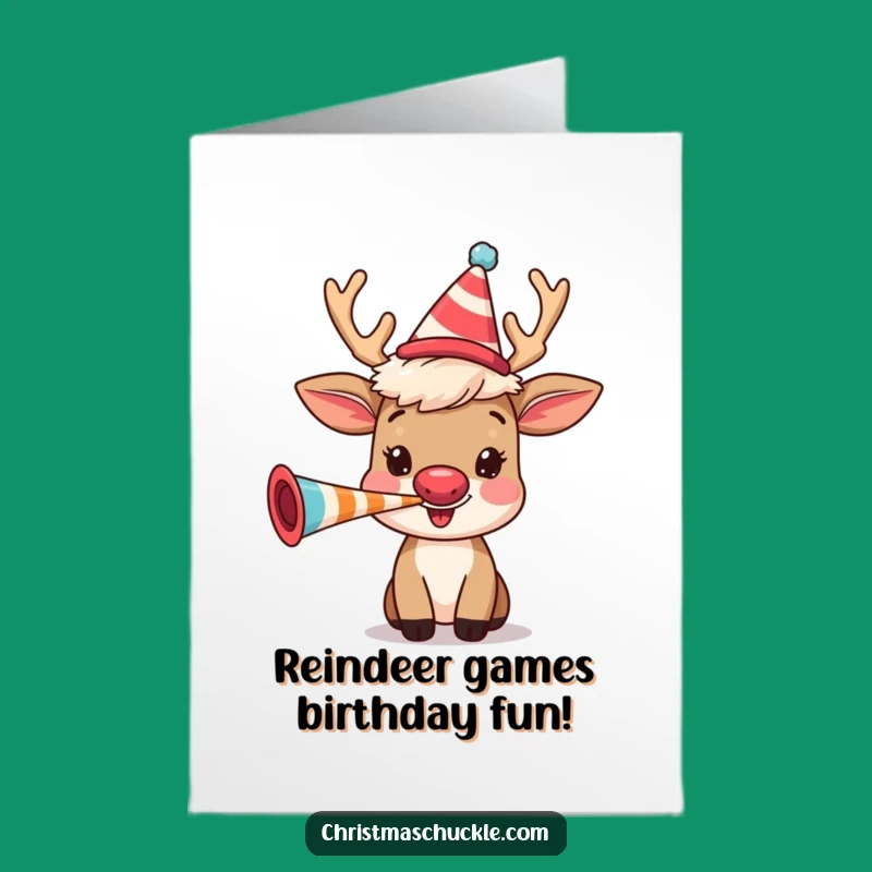 Funny Free Printable Reindeer Birthday Card: Party Horn Fun, Perfect Downloadable Gift for a Festive Celebration