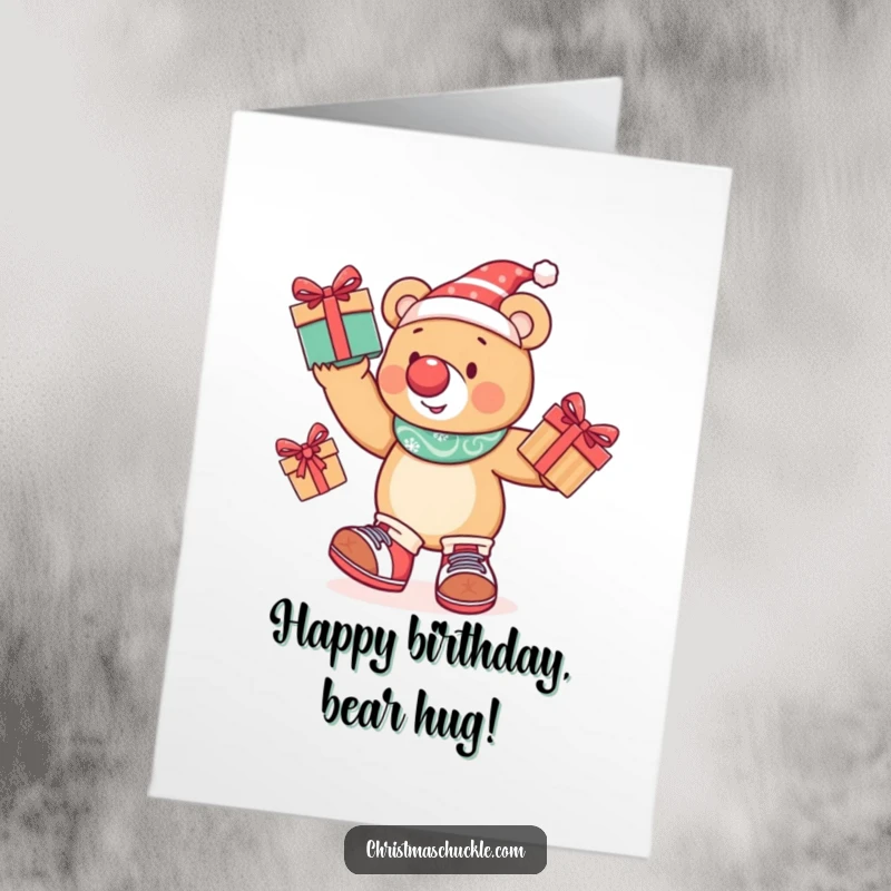 Funny Free Printable Bear Birthday Card: A festive bear with a clown nose juggles presents, ready for a birthday party.