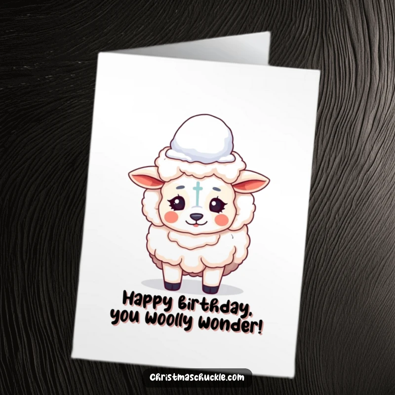 Funny free printable birthday card: a fluffy sheep with clown makeup balances a snowball.