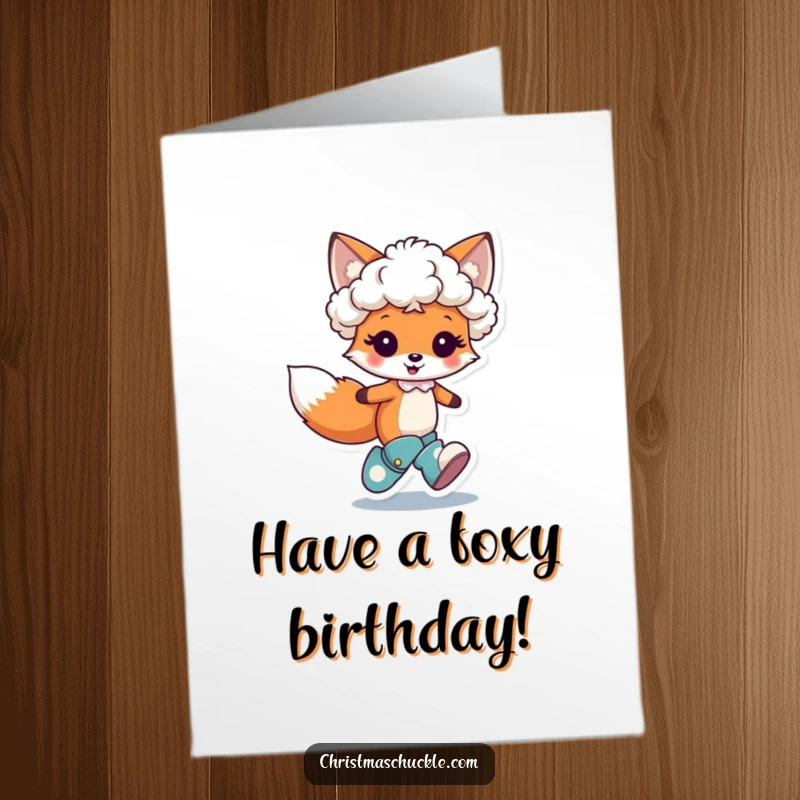 Funny Free Printable Birthday Card: Cute fox character wears a tiny clown wig and oversized boots, hopping with pure joy.