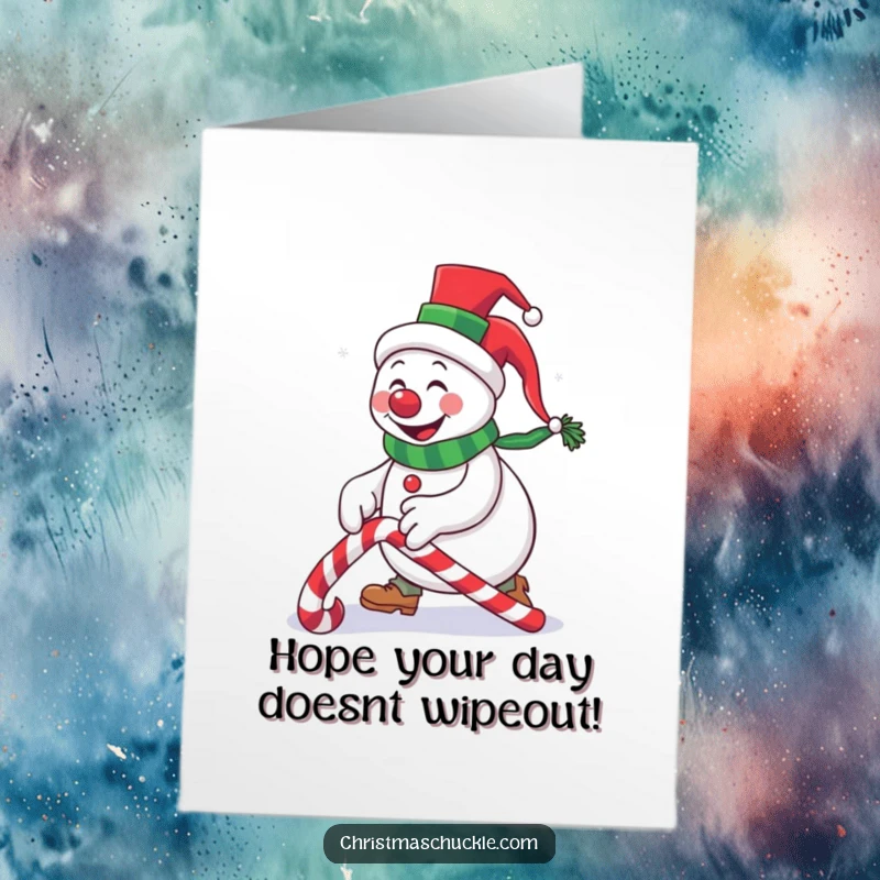 Funny Free Printable Birthday Card featuring a clumsy snowman clown in a top hat, hilariously tripping over a candy cane.