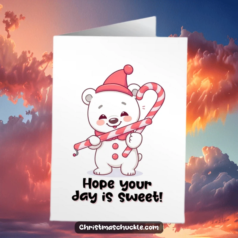 Funny Free Printable Polar Bear Clown Birthday Card: A happy bear clown struggling to balance a large candy cane. Hilarious downloadable card.