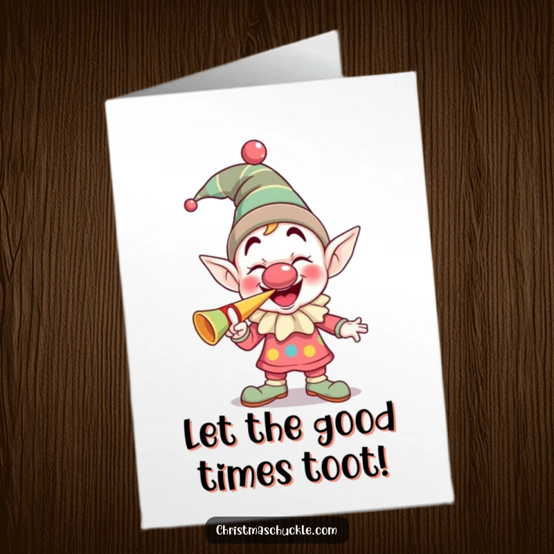 Funny Free Printable Birthday Card: A giggling elf clown with a squeaky nose, enthusiastically blowing a loud party horn.