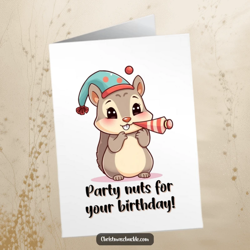 Funny free printable birthday card: a cute squirrel character wearing a festive hat, loudly honking a tiny clown horn.