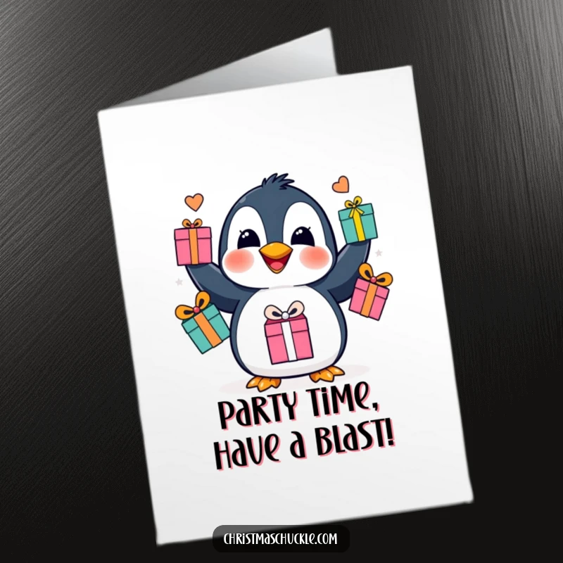 Funny Free Printable Birthday Card: A cheerful penguin energetically juggling colorful presents with its flippers.