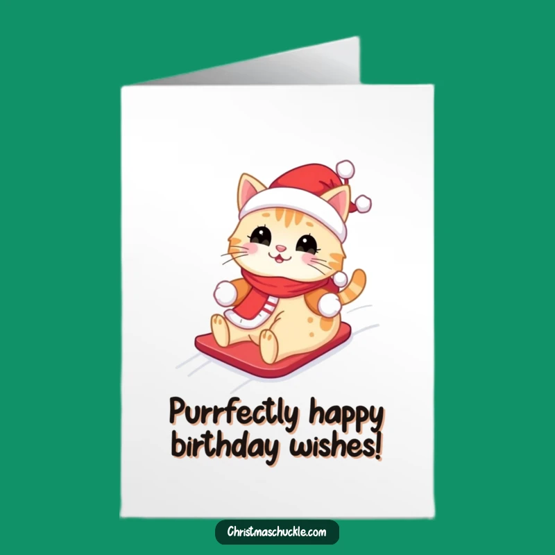 Free Printable Birthday Card: Funny Santa Cat Sliding Joyfully Downloadable