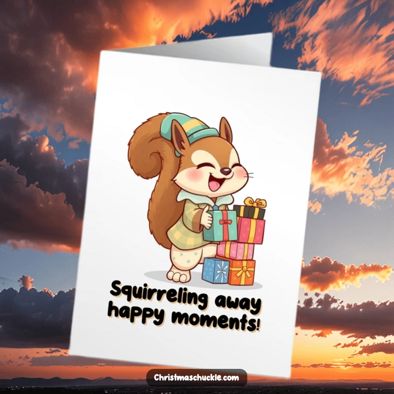 Funny free printable birthday card featuring a giggling squirrel in a clown suit struggling to balance presents, perfect for a fun celebration.